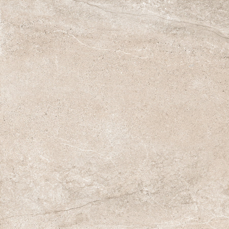 Square Sand Moon Santorini 24x24 Porcelain Tile with a light beige stone-effect, subtle fine-grained texture, and faint veining for a look of tactile elegance.