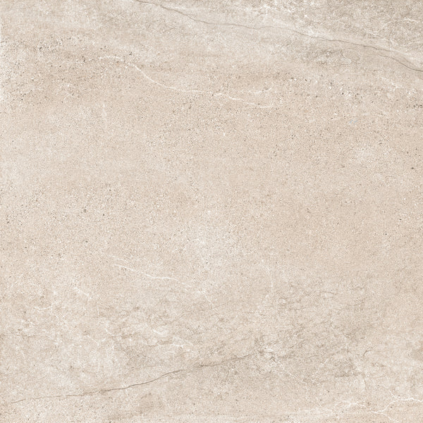 Square Sand Moon Santorini 24x24 Porcelain Tile with a light beige stone-effect, subtle fine-grained texture, and faint veining for a look of tactile elegance.