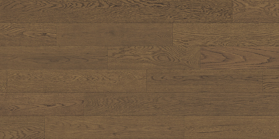 Dorchester White Oak 6 1/2" Hardwood features medium brown engineered planks with visible grain and natural knots, arranged in a staggered layout. Wide, smooth, polished planks showcase wood texture and tone variations.