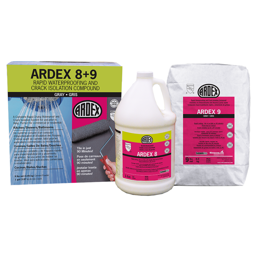 Three Ardex 8+9 products—a box, a gallon jug, and a white bag with pink 9 labels—demonstrate efficient cement-based membrane and rapid waterproofing solutions.