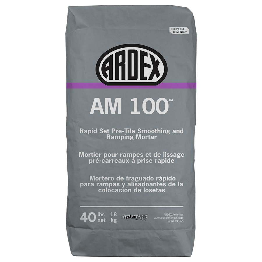 A 40-lb gray bag of Ardex AM 100 Rapid Set Pre-Tile Smoothing and Ramping Mortar for concrete and tile work, featuring the ARDEX logo and text in English, French, and Spanish at the top.