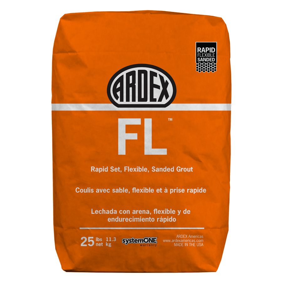 An orange 25-lb bag of Ardex FL Grout features white and black text showing this polymer-modified, rapid-set, flexible sanded grout’s details in English, French, and Spanish.