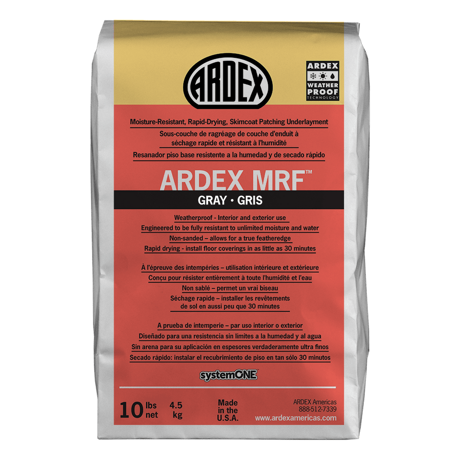 A 10-pound bag of Ardex Featherfinish MRF, a gray, rapid-drying, moisture-resistant floor underlayment and skimcoat, comes in a red and white package with English and French instructions.