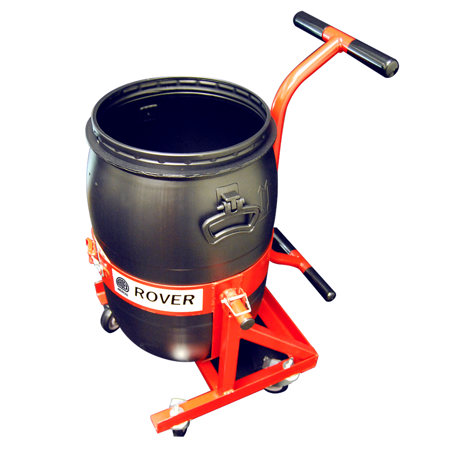 The Ardex Rover Barrel Cart is a black plastic barrel labeled for self-leveling underlayments, mounted on a red metal frame with handles, two large rear wheels, and two small front wheels for easy transport.