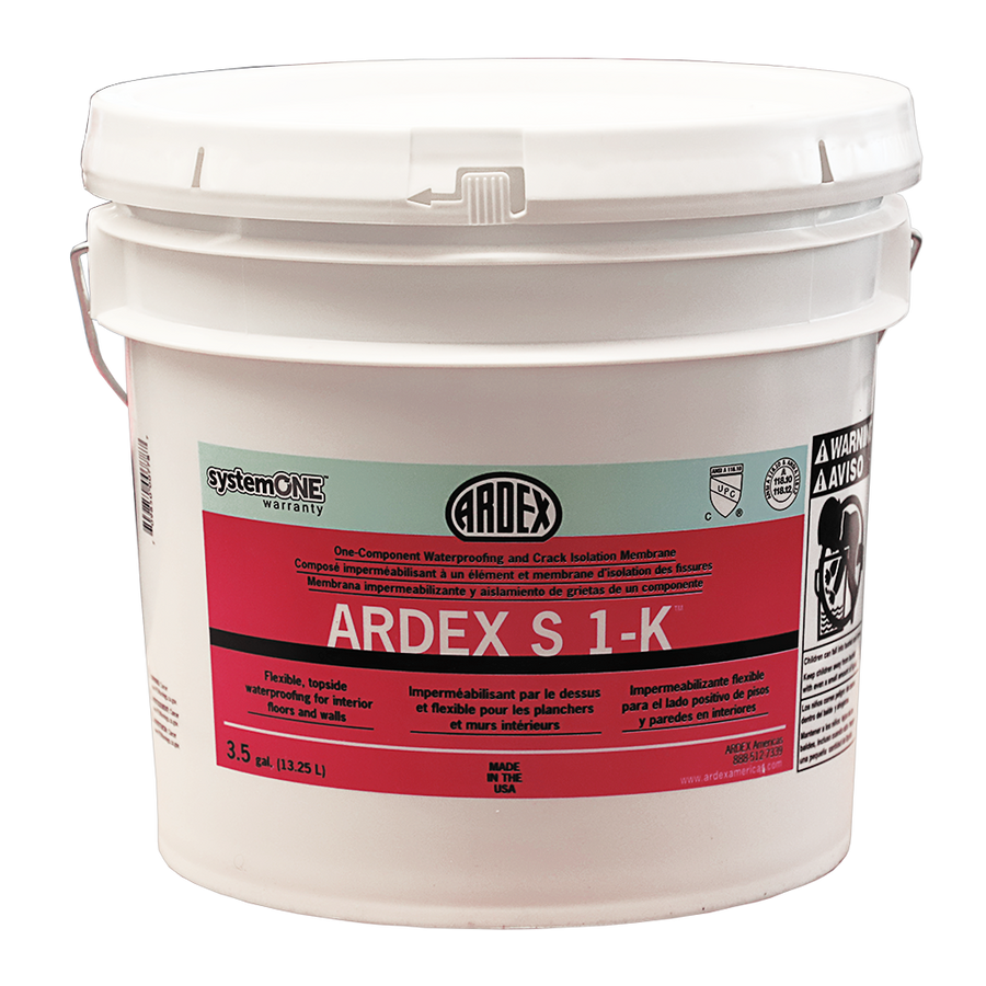 A white 3.5-gallon bucket labeled Ardex S1-K features a pink and green label, handle, and warning symbols. It's used as a waterproofing membrane and for crack isolation during tile installation.