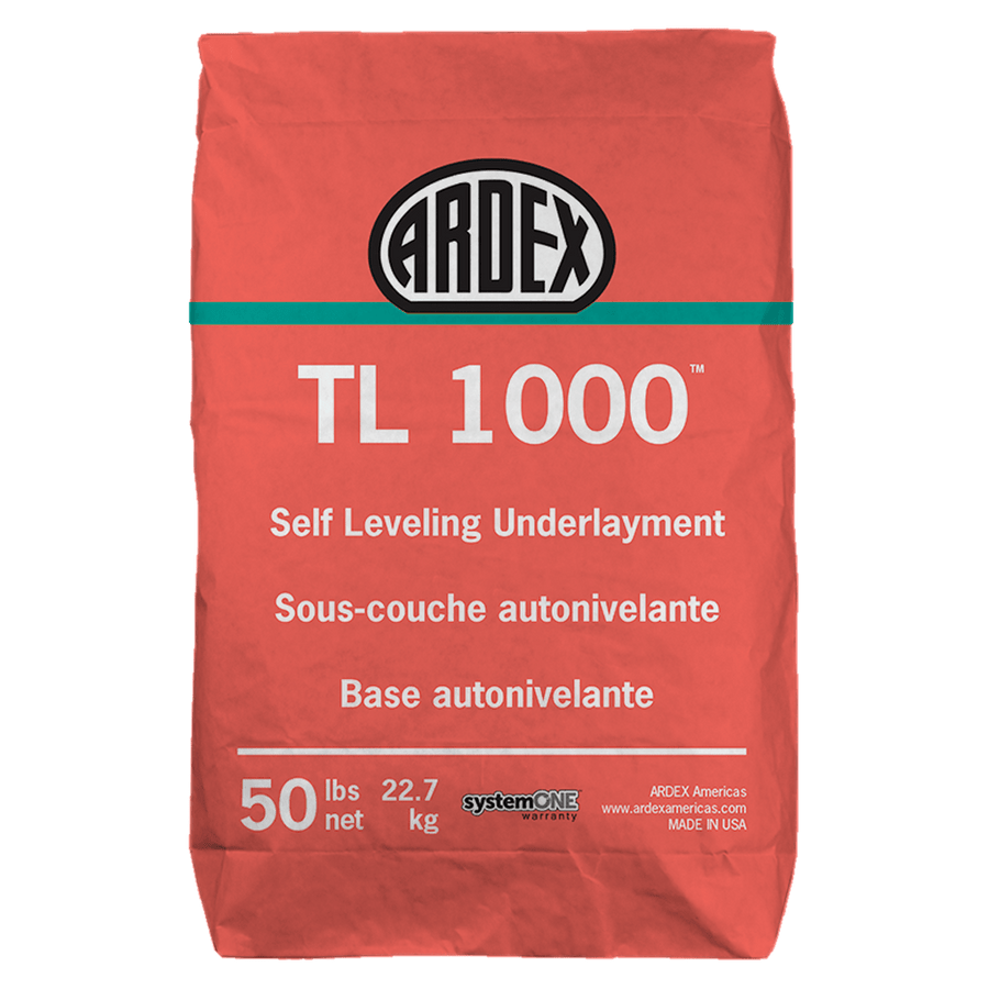 A 50 lb red bag of Ardex TL1000 Leveler, perfect for floor leveling and tile jobs, displays bold branding on top and product info in English and French.