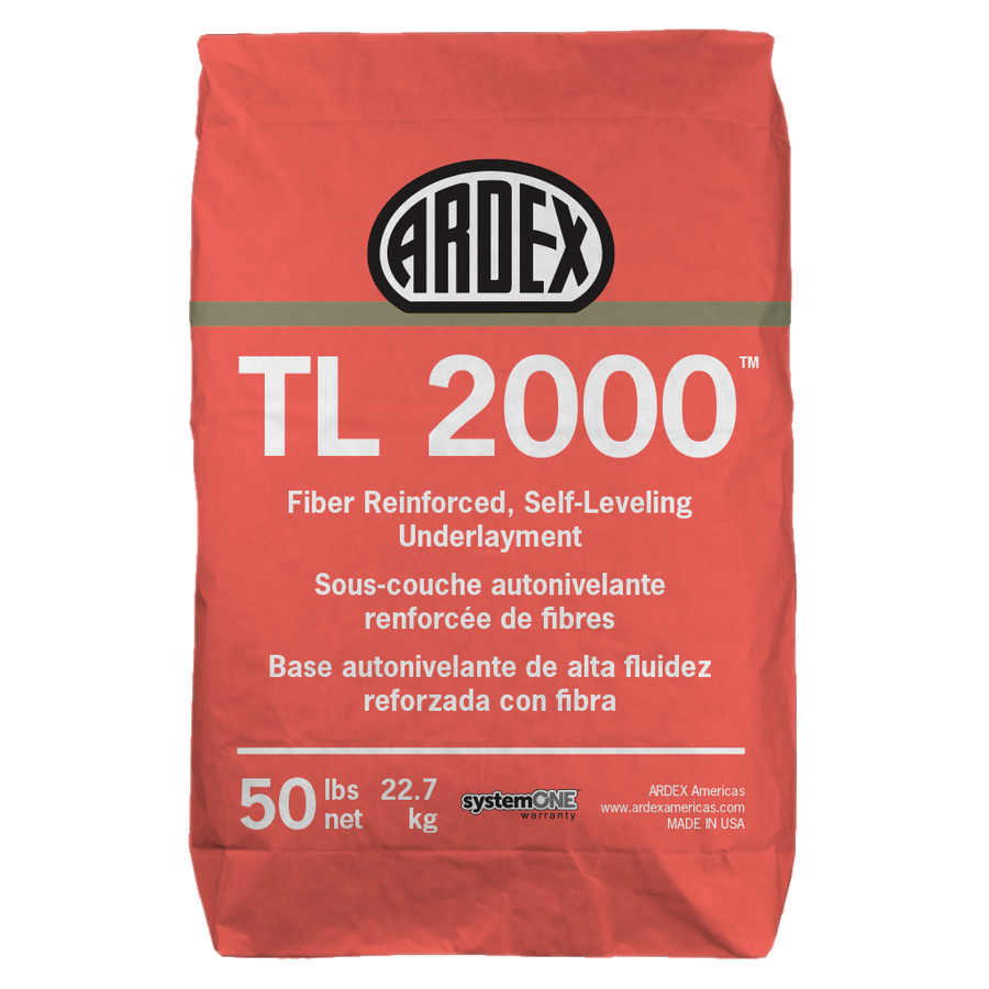 A 50-pound red bag of Ardex TL2000 fiber-reinforced, self-leveling underlayment for floor smoothing. Features English, French, and Spanish product info with the ARDEX logo on top.