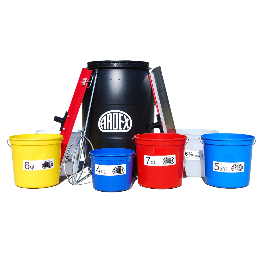 The Ardex Leveling Tool Kit and Mixing Drum are displayed with assorted colored, labeled buckets and tools, highlighting essential equipment for self-leveling cements against a white background.