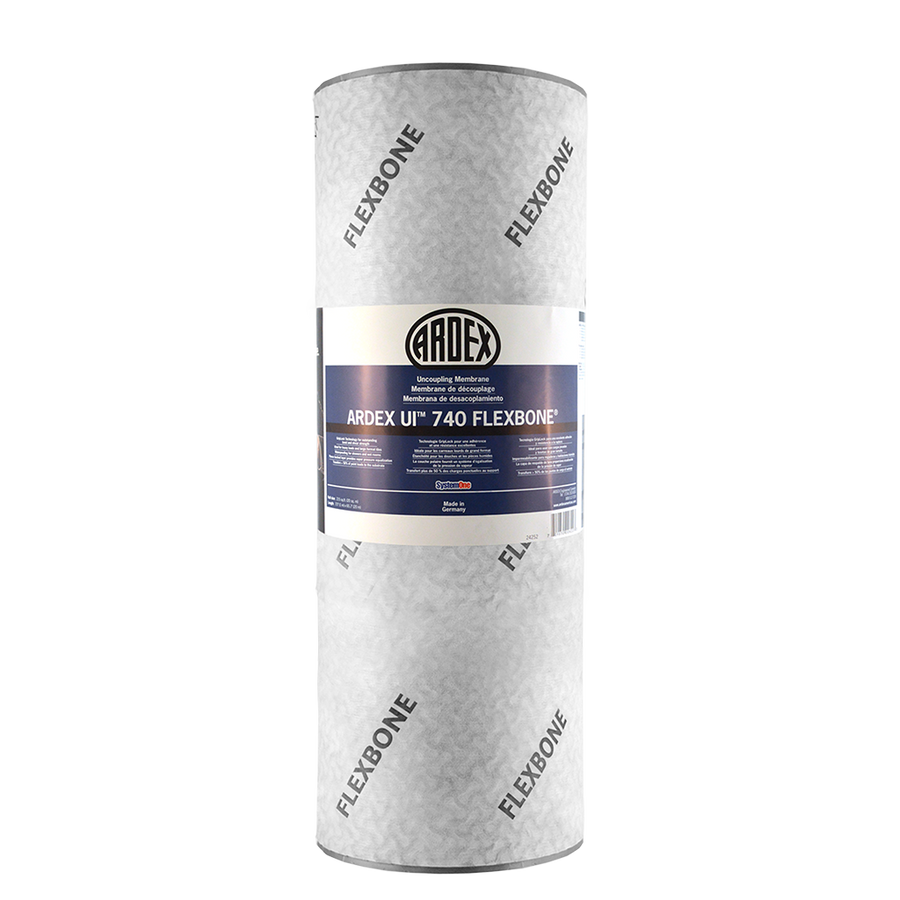 A large roll of Ardex UI 740 Flexbone uncoupling membrane with a white and gray FLEXBONE pattern and central blue label, designed for large format tiles and high load-bearing applications.