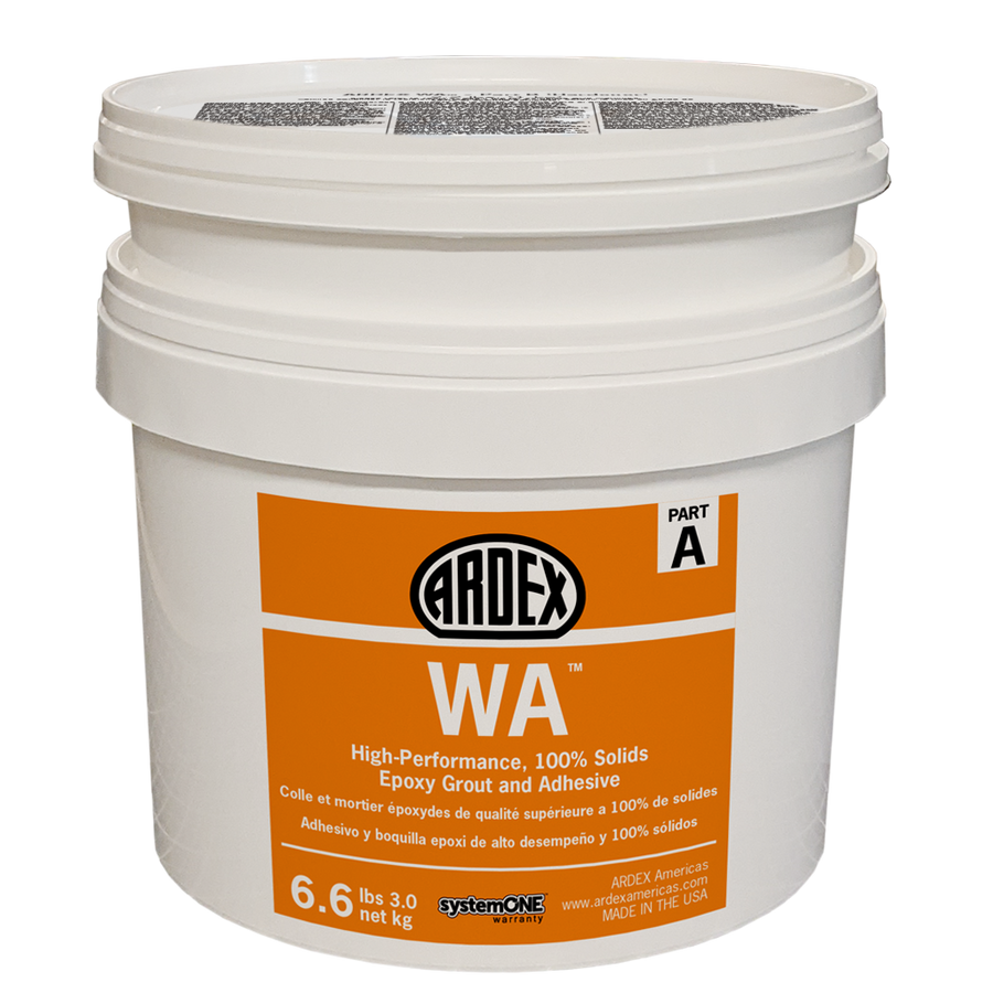 A white plastic bucket labeled "Ardex WA Epoxy," with an orange label, net weight 6.6 lbs (3.0 kg), details in English and Spanish; ideal as a high-performance, chemical-resistant grout and adhesive.