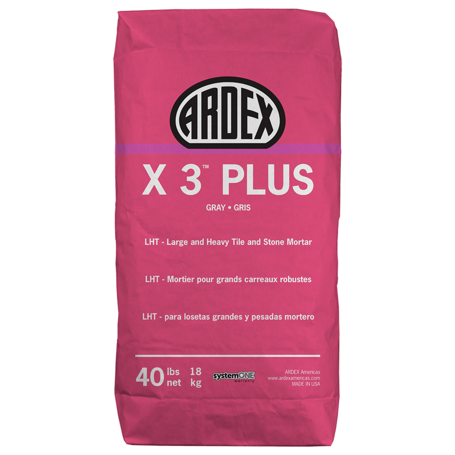 A pink 40-lb (18 kg) bag of Ardex X3 Plus LHT polymer-modified mortar for large or heavy tile and stone, with product details in English, French, and Spanish on the front.