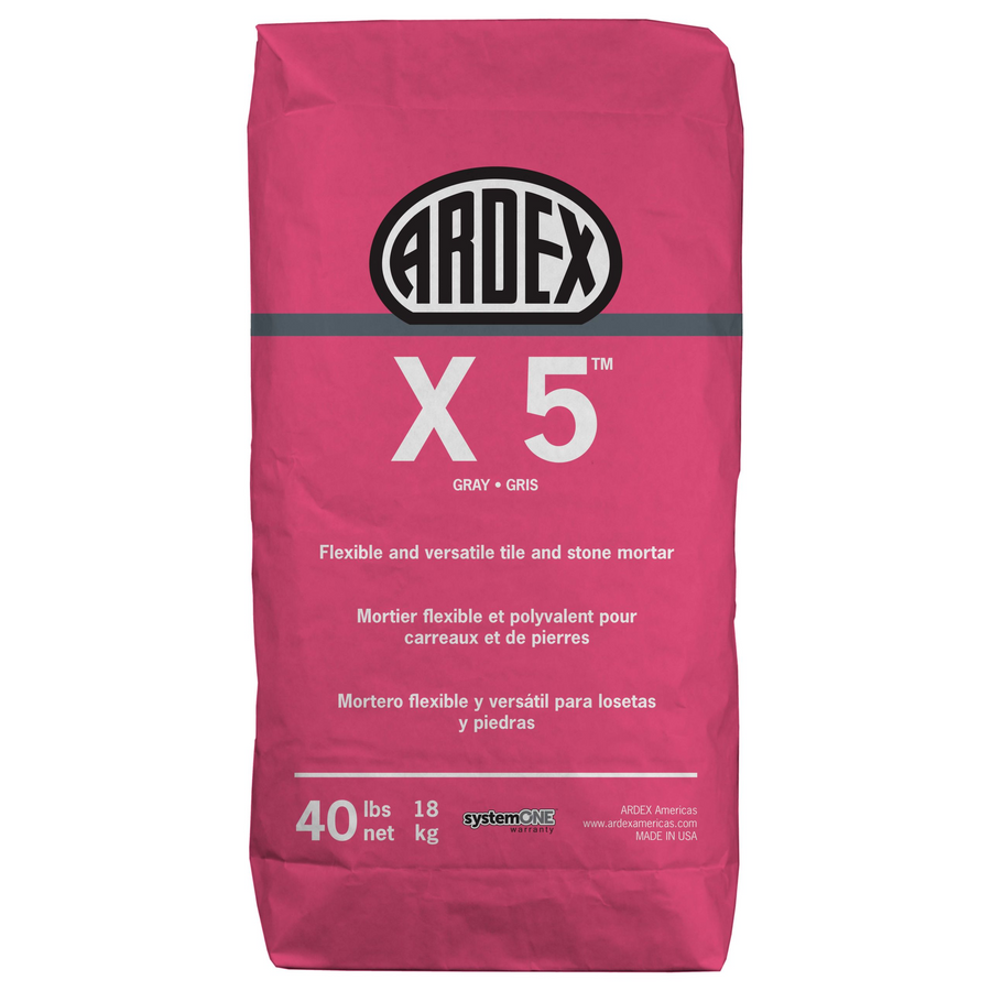 A 40-lb pink bag of Ardex X5 gray, polymer-modified mortar for tile and stone, ideal for large format tiles. Front displays product info in English, French, and Spanish.