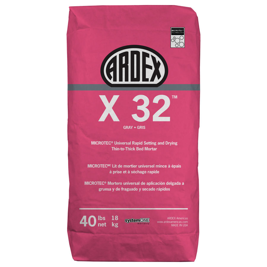 A pink 40-pound (18 kg) bag of Ardex X32 Universal Rapid Setting and Drying Thin-to-Thick Bed Mortar, ideal for moisture-sensitive natural stone, with English, French, and Spanish product details on the front.