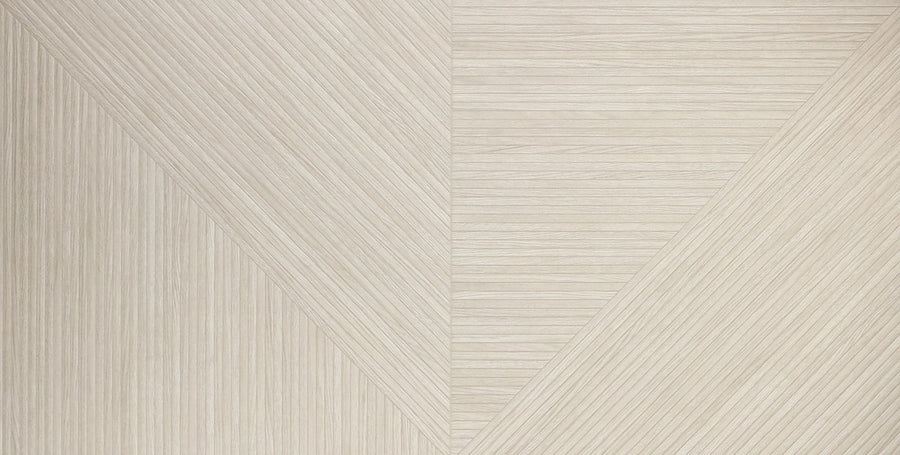 The a.CUTE 24x48 Matte Glazed Porcelain Tile features light beige lines forming geometric triangles and diagonal shapes, with varied directions for a textured, modern abstract look.
