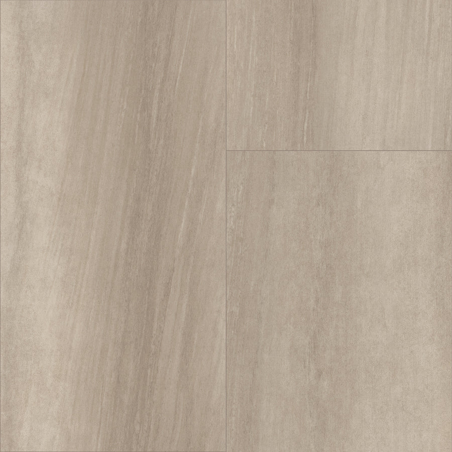 Close-up view of four Paragon Tile Plus Vinyl tiles in beige with subtle linear patterns and a matte, stone-like finish. The tiles feature soft, neutral shades and are arranged in a grid layout.
