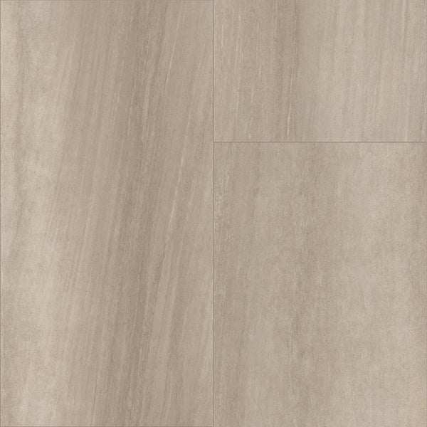 Close-up view of four Paragon Tile Plus Vinyl tiles in beige with subtle linear patterns and a matte, stone-like finish. The tiles feature soft, neutral shades and are arranged in a grid layout.