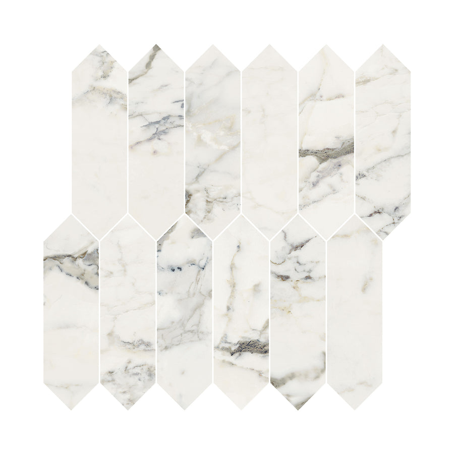 The Renaissance 2x8 Picket Polished Porcelain Tile features white marble-look porcelain with gray veining in a herringbone layout. Its elongated, geometric shape adds modern elegance—ideal for stylish, premium flooring.