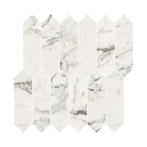 The Renaissance 2x8 Picket Polished Porcelain Tile features white marble-look porcelain with gray veining in a herringbone layout. Its elongated, geometric shape adds modern elegance—ideal for stylish, premium flooring.