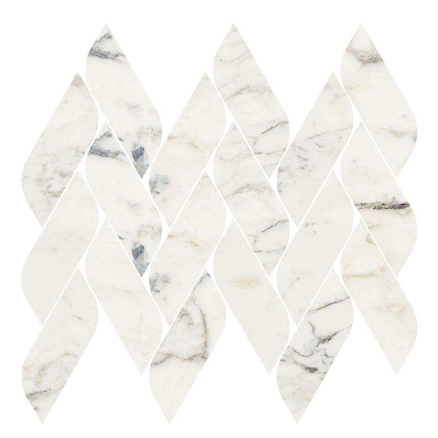 The Renaissance 2x5 Vine Herringbone Woven Porcelain Tile features white marble look tiles with gray and beige veining, arranged in an elongated diamond and leaf pattern for a refined botanical vine effect.