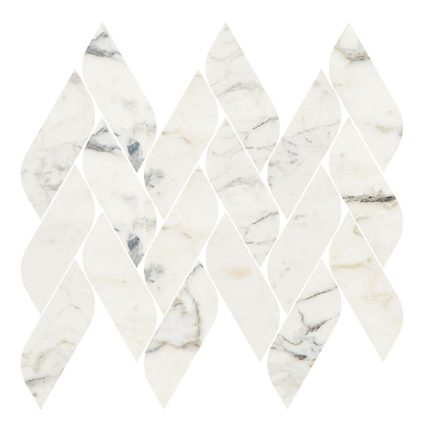 The Renaissance 2x5 Vine Herringbone Woven Porcelain Tile features white marble look tiles with gray and beige veining, arranged in an elongated diamond and leaf pattern for a refined botanical vine effect.