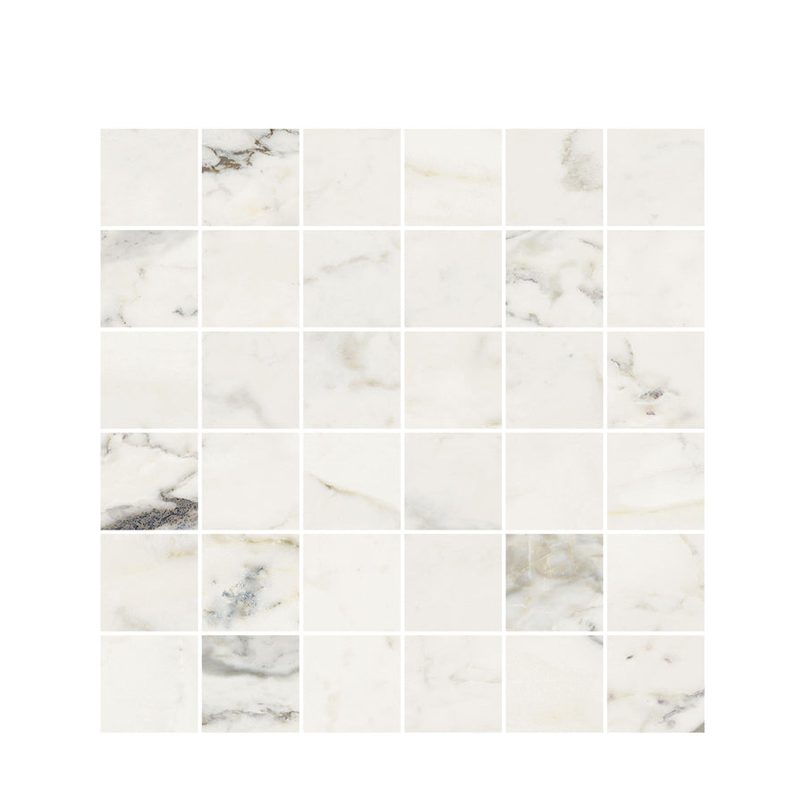 A 6x6 grid of 36 Renaissance 2x2 Matte Porcelain Tiles in white with subtle gray and beige veining, arranged on a plain white background.