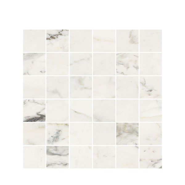 A 6x6 grid of 36 Renaissance 2x2 Matte Porcelain Tiles in white with subtle gray and beige veining, arranged on a plain white background.
