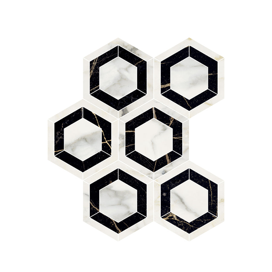 Six Renaissance Evo Hex Polished Porcelain Tiles with white marble centers and bold black borders form a striking honeycomb pattern on white—ideal for upscale flooring.