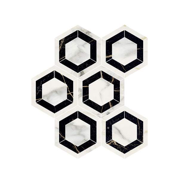 Six Renaissance Evo Hex Polished Porcelain Tiles with white marble centers and bold black borders form a striking honeycomb pattern on white—ideal for upscale flooring.
