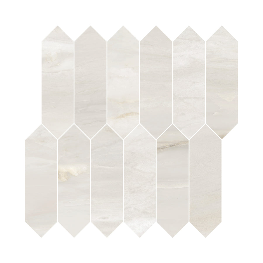 The Renaissance 2x8 Picket Polished Porcelain Tile features long, narrow tiles in a staggered zigzag pattern with a white and light beige marbled finish, creating a sleek, contemporary look.