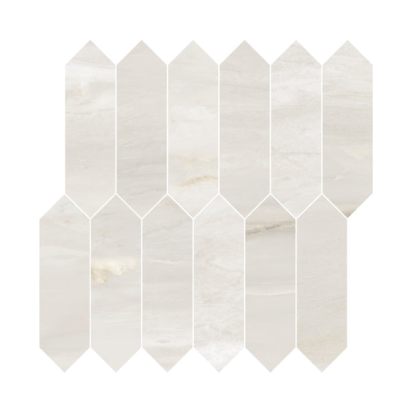 The Renaissance 2x8 Picket Polished Porcelain Tile features long, narrow tiles in a staggered zigzag pattern with a white and light beige marbled finish, creating a sleek, contemporary look.