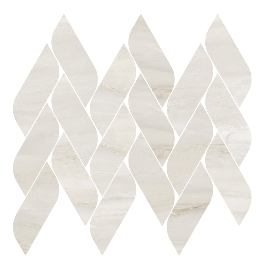 The Renaissance 2x5 Vine Herringbone Woven Porcelain Tile features elongated, curved diamond shapes in a staggered layout for a modern, textured look.