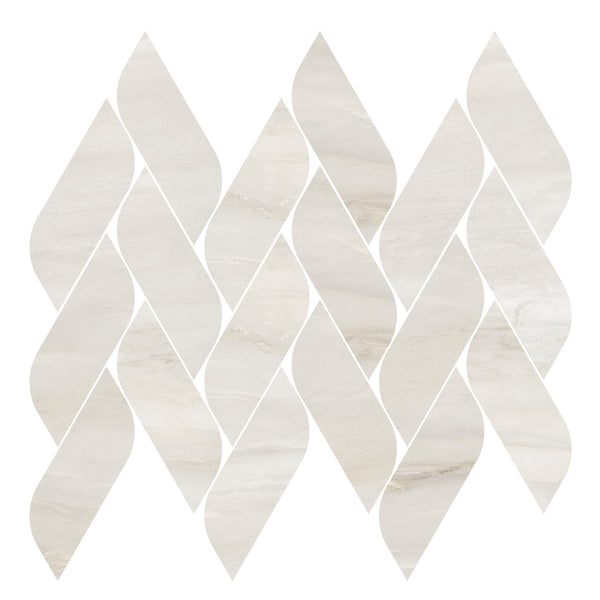 The Renaissance 2x5 Vine Herringbone Woven Porcelain Tile features elongated, curved diamond shapes in a staggered layout for a modern, textured look.