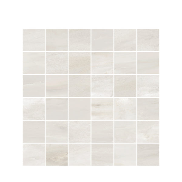A grid of thirty-six Renaissance 2x2 Matte Porcelain Tiles in light beige, each with subtle marble-like veining, arranged 6x6 on a plain white background, highlighting their premium craftsmanship.