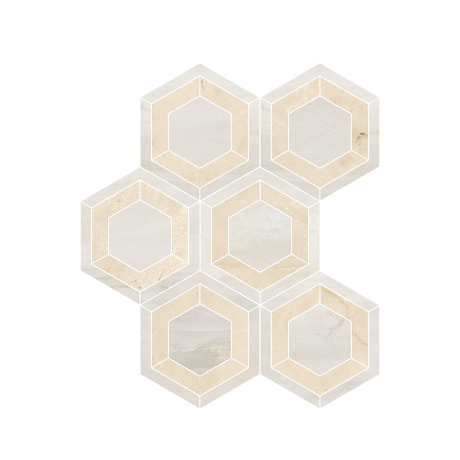 Six Renaissance Evo Hex Polished Porcelain Tiles in beige and cream are arranged in a cluster, each with an inner hexagon outlined by thin white lines—ideal for those seeking premium, modern geometric flooring.