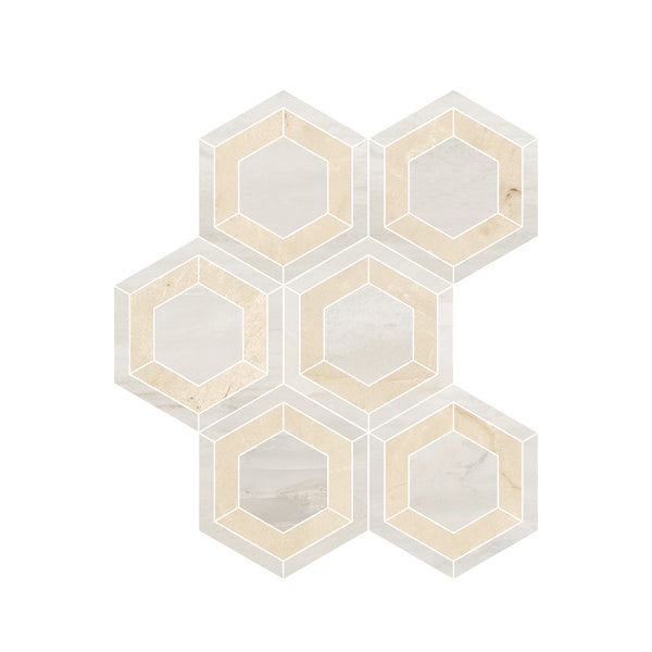 Six Renaissance Evo Hex Polished Porcelain Tiles in beige and cream are arranged in a cluster, each with an inner hexagon outlined by thin white lines—ideal for those seeking premium, modern geometric flooring.