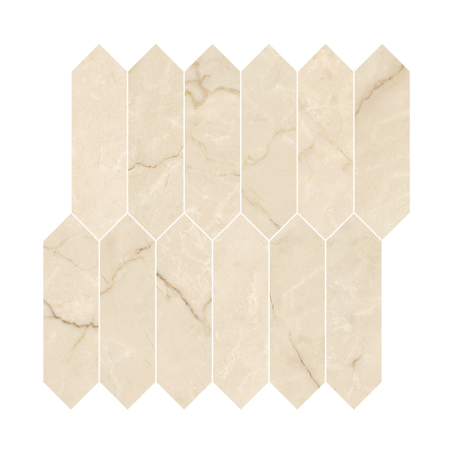 Renaissance 2x8 Picket Polished Porcelain Tile features a chevron-inspired design with pointed ends and subtle veining, creating a stylish zigzag effect and modern look against a white background.