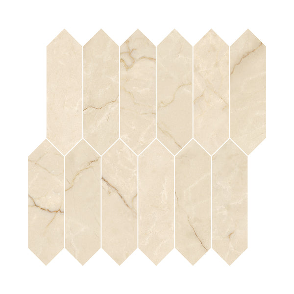 Renaissance 2x8 Picket Polished Porcelain Tile features a chevron-inspired design with pointed ends and subtle veining, creating a stylish zigzag effect and modern look against a white background.