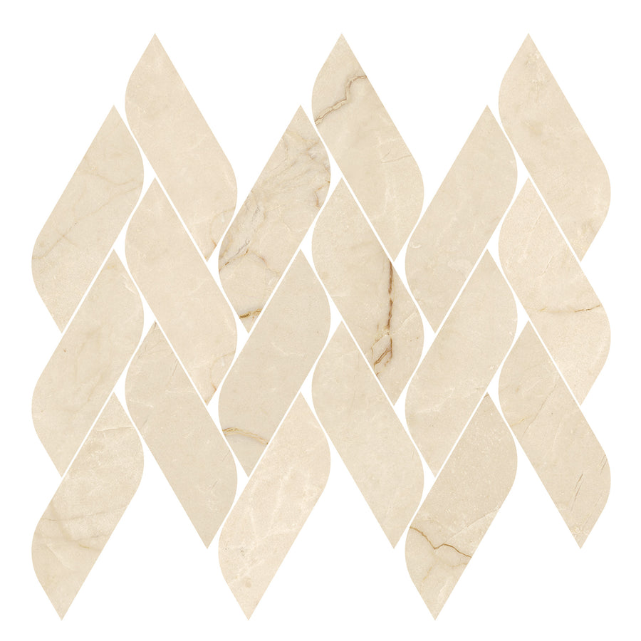 The Renaissance 2x5 Vine Herringbone Woven Porcelain Tile features a refined geometric vine pattern in beige on white, with natural veining and a polished finish for a luxurious, botanical-inspired look.