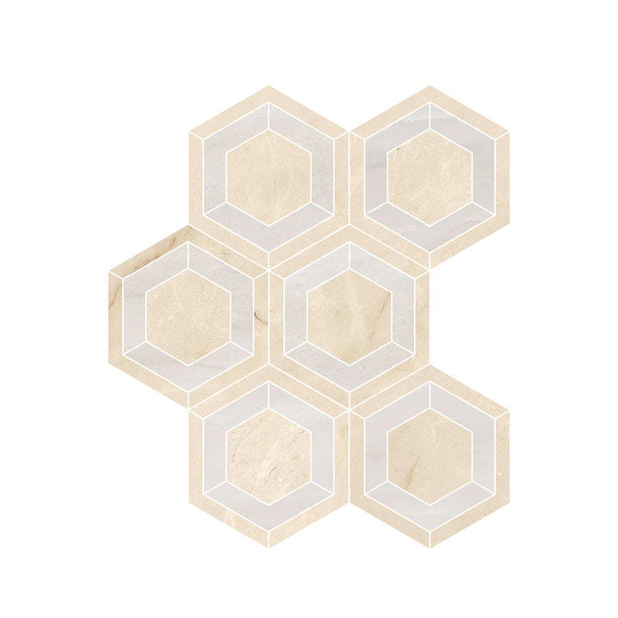 Six beige marble-look hexagons are arranged in a honeycomb pattern on white, each bordered by thin white lines—creating a geometric, minimalist style that's perfect for premium floors with the elegance of the Renaissance Evo Hex Polished Porcelain Tile.