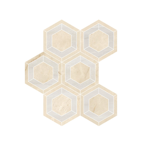 Six beige marble-look hexagons are arranged in a honeycomb pattern on white, each bordered by thin white lines—creating a geometric, minimalist style that's perfect for premium floors with the elegance of the Renaissance Evo Hex Polished Porcelain Tile.