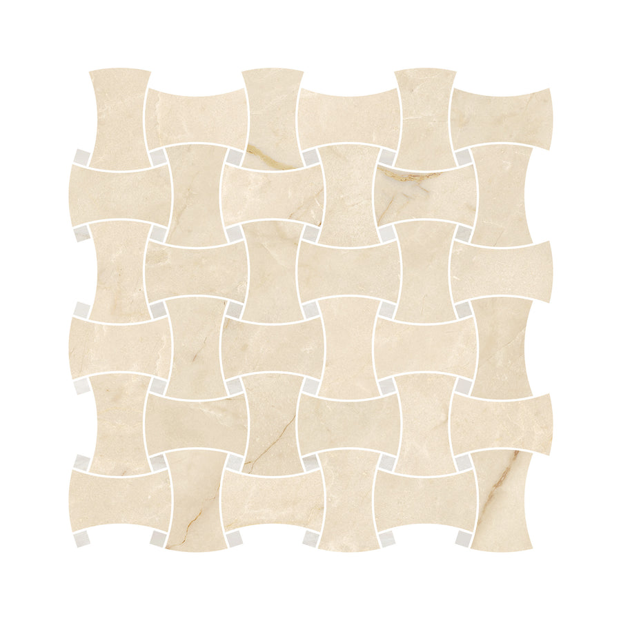 Renaissance Dog bone w/ White Haze is a mosaic tile sheet featuring interlocking Crema Marfil marble tiles in a wavy, basketweave pattern, separated by thin white grout lines. The matte finish accentuates the subtle natural stone variations while lending the surface a refined, contemporary appeal.