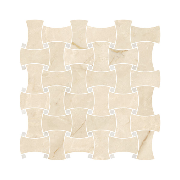 Renaissance Dog bone w/ White Haze is a mosaic tile sheet featuring interlocking Crema Marfil marble tiles in a wavy, basketweave pattern, separated by thin white grout lines. The matte finish accentuates the subtle natural stone variations while lending the surface a refined, contemporary appeal.