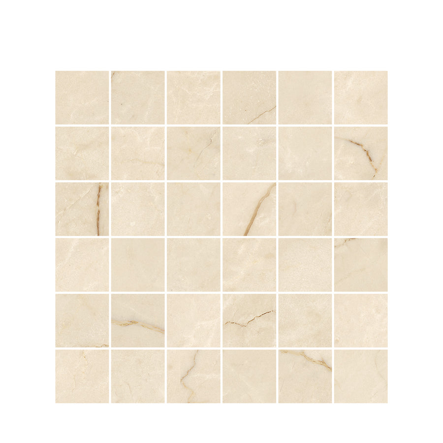 A 6x6 grid of Renaissance 2x2 Matte Porcelain Tiles in beige, featuring subtle marble-like veining on a white background, highlighting premium craftsmanship.