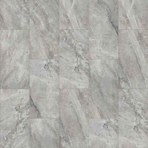 Coretec Plus Tile Luxury Vinyl Tile features gray marble tiles with subtle white veining in varied rectangles, arranged in a staggered pattern for a smooth, elegant, and polished tile-look design perfect for modern waterproof flooring.