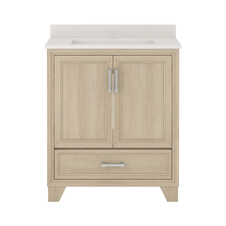Light wood bathroom vanity with silver handles, a white countertop, two cabinet doors, and a drawer below, shown on a white background.