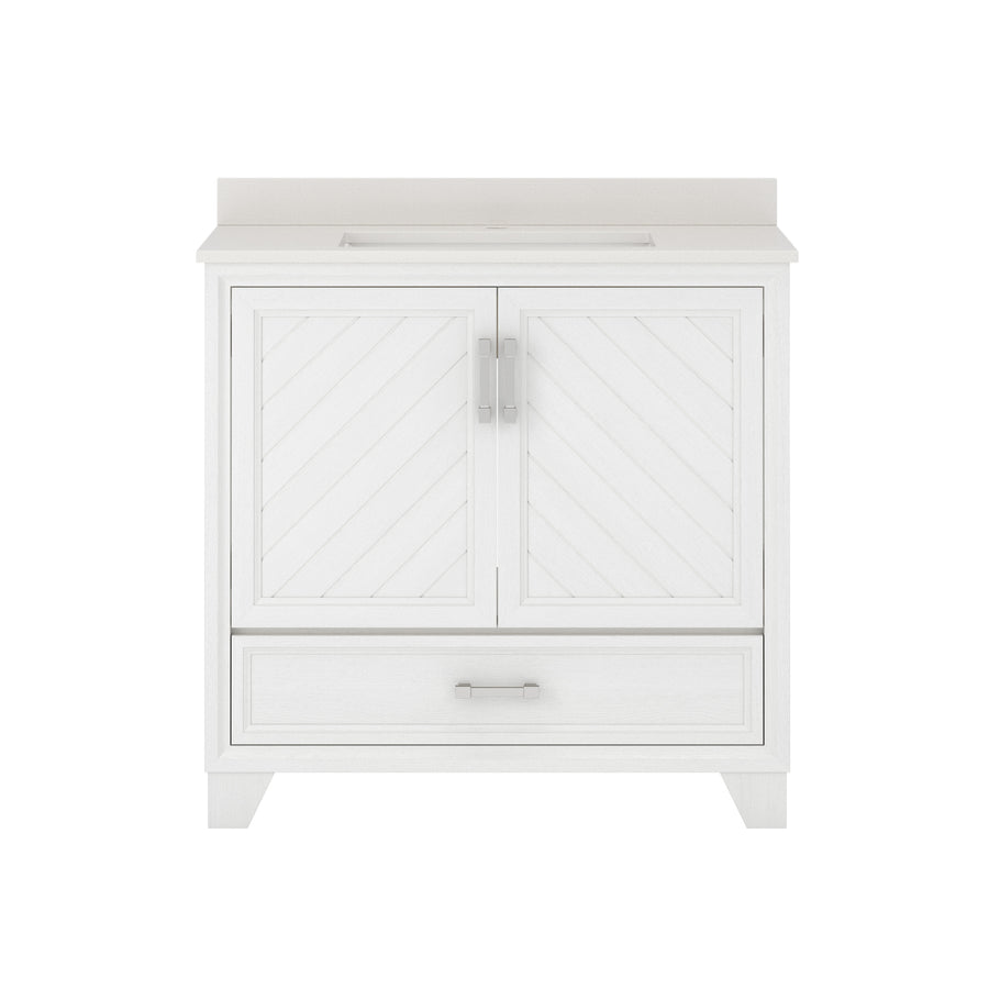 A white bathroom vanity with two paneled cabinet doors, a lower drawer with a handle, and a beige countertop. The design features subtle diagonal grooves on the doors.