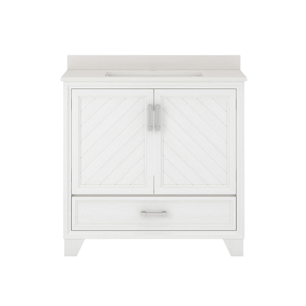 A white bathroom vanity with two paneled cabinet doors, a lower drawer with a handle, and a beige countertop. The design features subtle diagonal grooves on the doors.