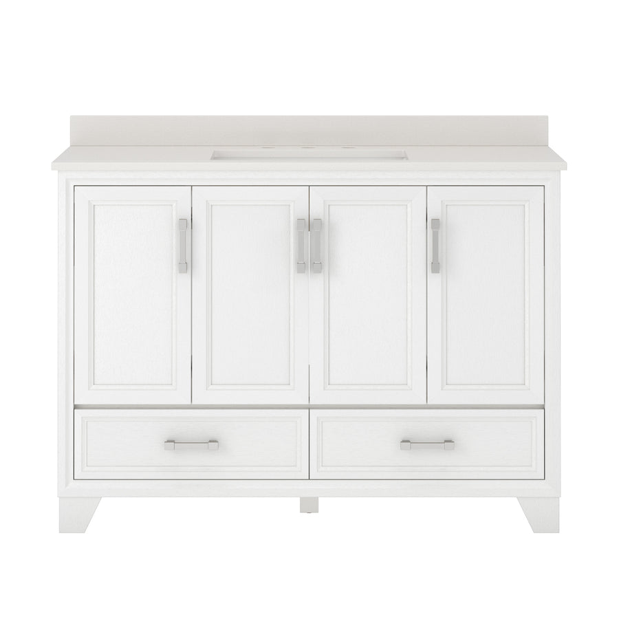 White bathroom vanity with four cabinet doors, two drawers at the bottom, silver handles, and a light-colored countertop with a cutout for a sink.
