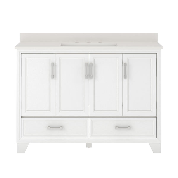 White bathroom vanity with four cabinet doors, two drawers at the bottom, silver handles, and a light-colored countertop with a cutout for a sink.