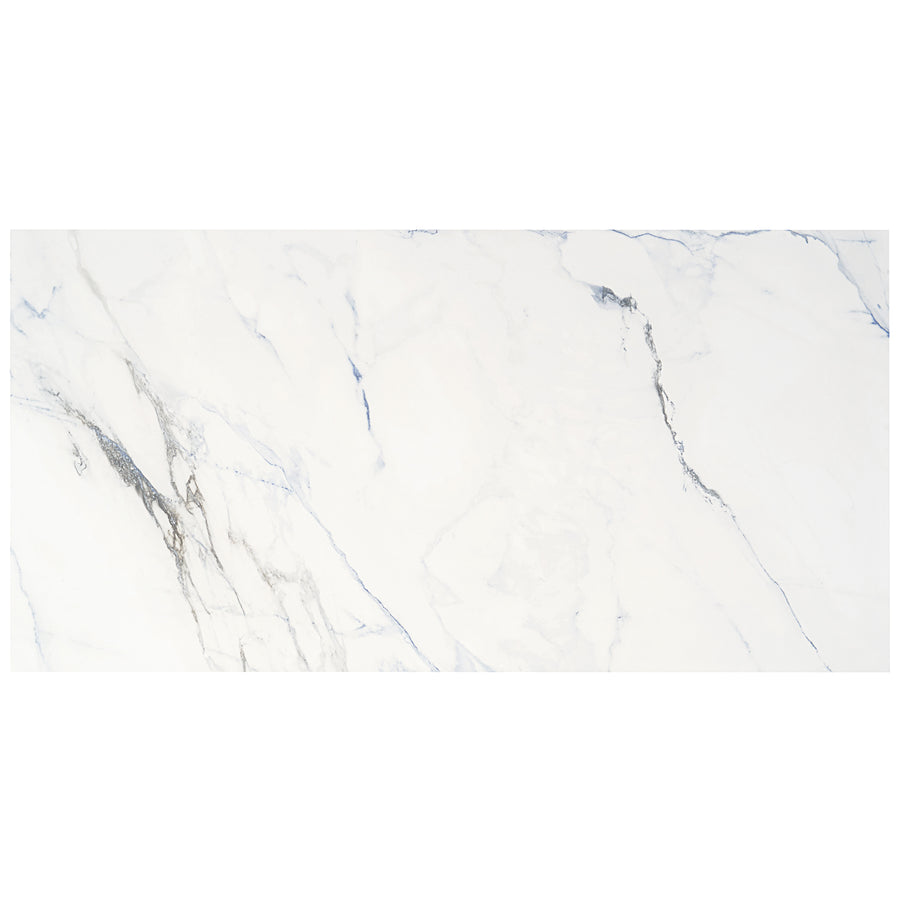 Gleam 24x48 Polished Rectified Porcelain Tile features a rectangular white marbled design with subtle gray and light brown veining diagonally across the surface, evoking the look of elegant natural stone.